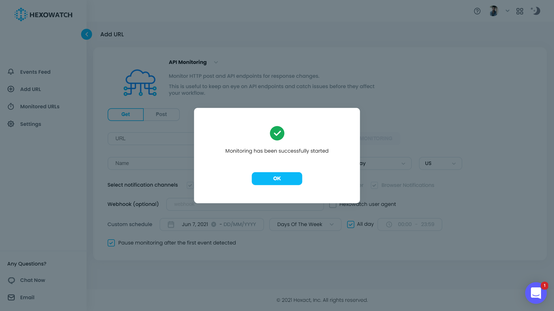 API Monitoring - URL Added Successfully