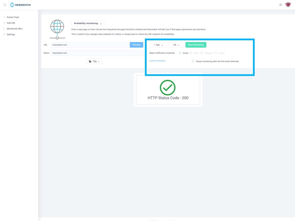 Choose the frequency of the checks, your preferred notification channels