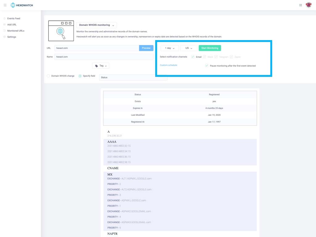 Choose the frequency of the checks, your preferred notification channels