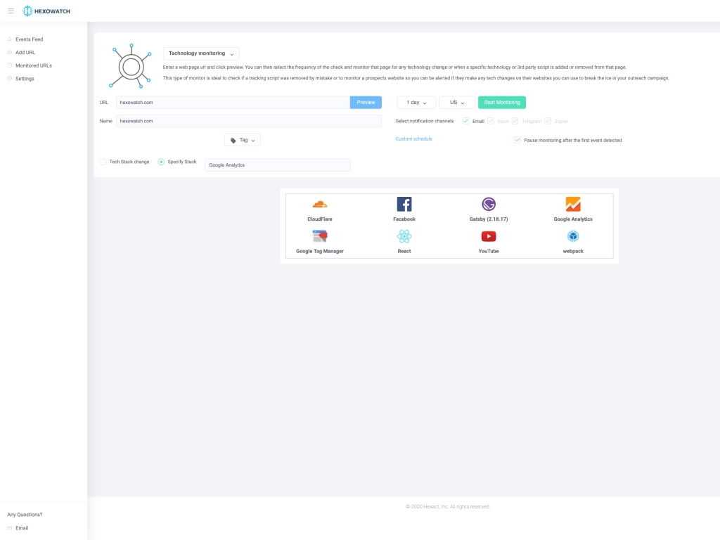 Hexowatch will then detect the current tech stack used on the page